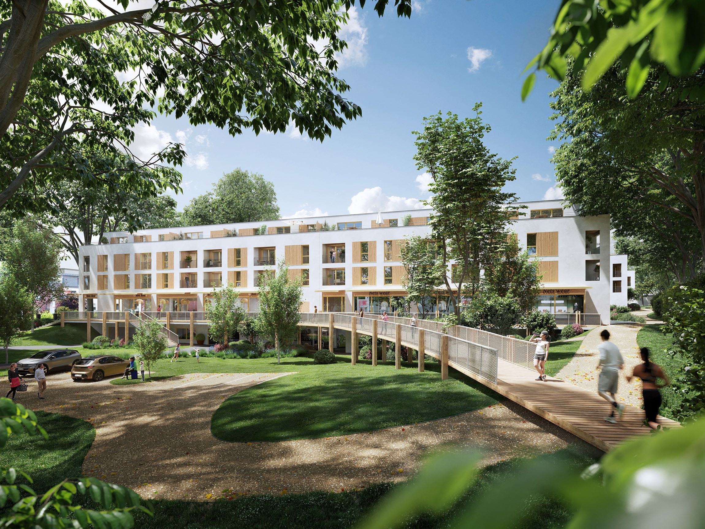 Perspective 3D d'un programme immobilier neuf, vu depuis les jardins