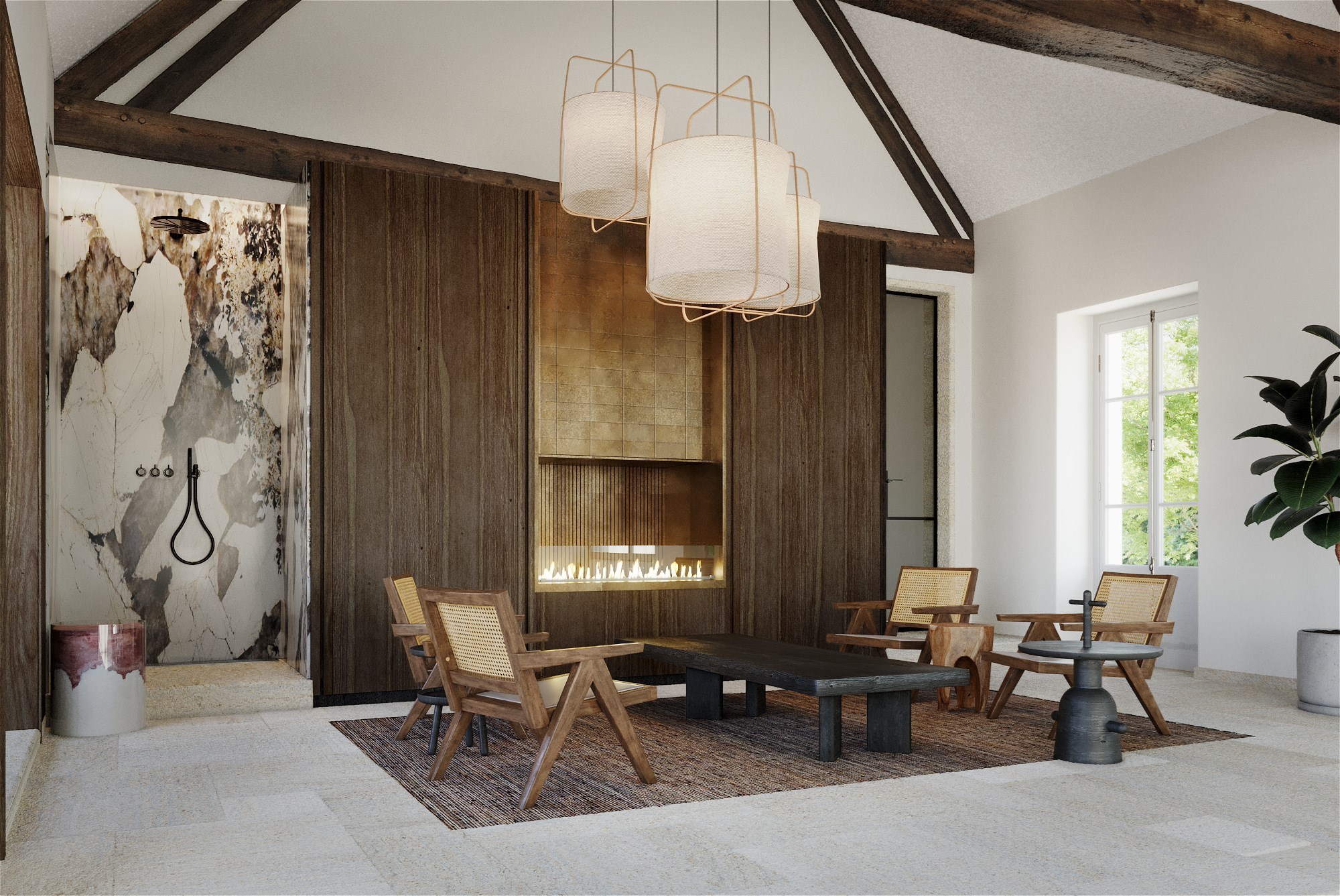 Perspective 3D d'un espace bien-être et piscine intérieure, de bois et de marbre, d'une résidence confidentielle de luxe